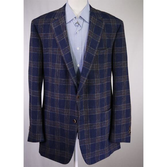 Samuelsohn Blue Brown Plaid Wool Knit Plaid Windowpane Patch Pocket Blazer 48L - Picture 2 of 11
